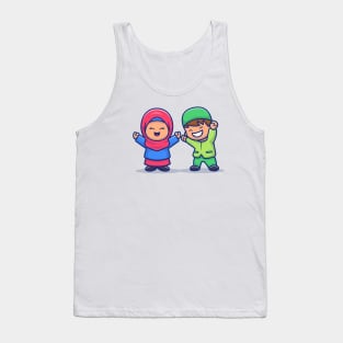 Girl And Boy Moslem Celebrating Eid Mubarak Cartoon Illustration Tank Top